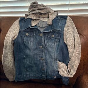 Guess Women’s Blue Denim Jacket with Gray Knit Hood and Sleeves